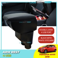 Perodua Myvi 2018 - 2023 Double Layer Arm Rest Armrest 4 USB Console Black Leather
