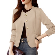 Women Korean Long Sleeve Round Neck Pocket Solid Color Blazer