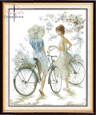 Cross Stitch Complete Set Bicycle Girl Printed Unprinted Aida Fabric Canvas 11CT 14CT Needlework Handmade Embroidery Home Room Decor