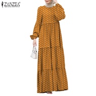 ZANZEA Women Vintage Dot Printing Puff Sleeve Patchwork Muslim Long Dress