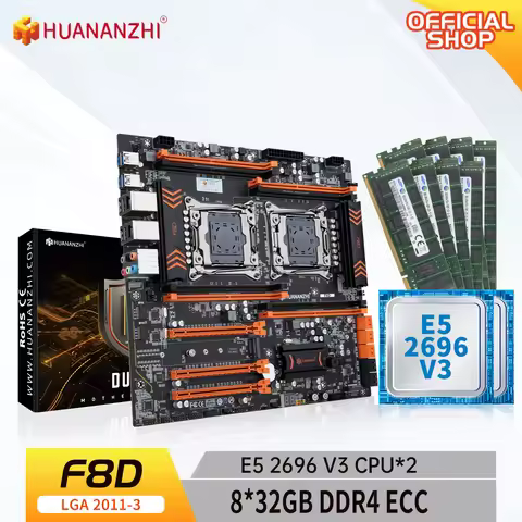 HUANANZHI X99 F8D LGA 2011-3 XEON X99 Motherboard with Intel E5 2696 V3*2 with 8*32GB DDR4 RECC memo
