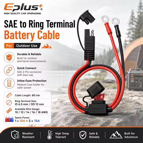 Eplus Thick Gauge SAE to O Terminal Battery Cable 60cm 10/12/14/16/18AWG Overload Protection Fuse fo
