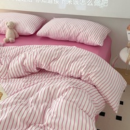 4in1 Washed Cotton Bedsheet Set Dopamine Color Striped Beddings with Quilt Cover Pillowcase Soft Pre