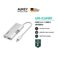 AUKEY ฮับ USB-C 3-in-1 รองรับ 4K 60Hz ชาร์จเร็ว 100W พอร์ต HDMI และ USB-A 3.0 ดีไซน์อลูมิเนียม สะดวก