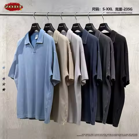ZODF Retro Summer Men Washed Waffle Polo T Shirts Unisex 235gsm Old Money Style Distressed Down Coll