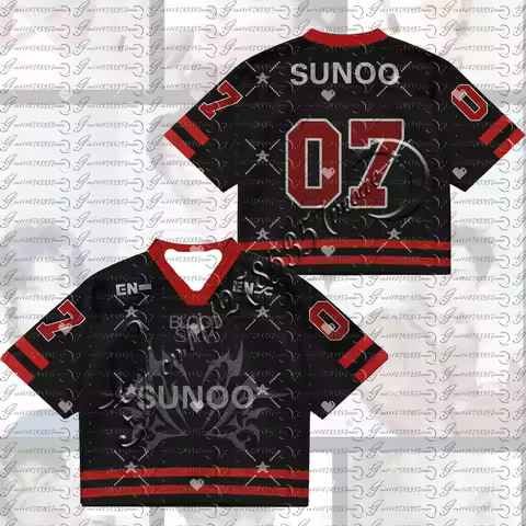 ENHYPEN Y2K Unisex Black Red Short Sleeve Jersey T-shirt Kpop Idol Streetwear Football Style Cropped
