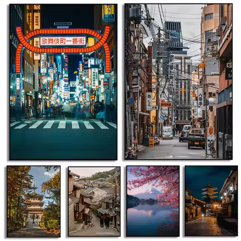 Iconic Traditional Japan Landscape Tokyo At Night Kyoto Street Scene Poster Canvas Painting Wall Art