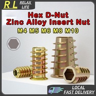 [RL] Wood D T Nut M4 M5 M6 M8 M10 Hex Zinc Iron Alloy Threaded Insert Nut Hollow Drive Hexagon Head 