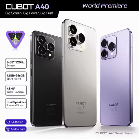 Cubot Smartphone Android 15 A40, 12GB RAM+256GB ROM, 6.88-Inch 120Hz Screen,Octa-core, 48MP Camera, 