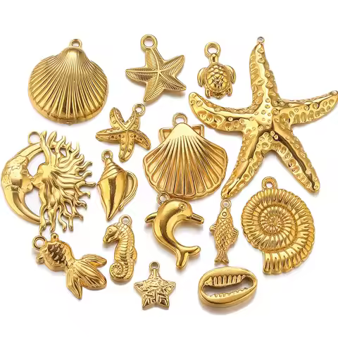 4/5pcs Stainless Steel Ocean Charm Conch Seahorse Starfish Gold-plated DIY Necklace Bracelet Jewelry