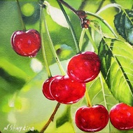 Cherries Original Oil Painting, Small Garden Scene Nature Wall Art, Cherry Art