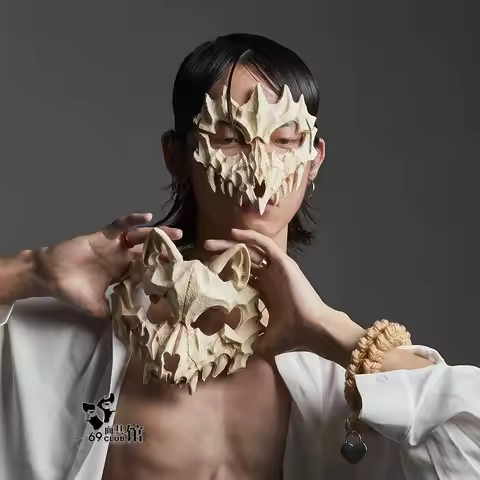 A male and female full-face cosplay of a dragon god and a tiger mask for Halloween in Japanese 2D an