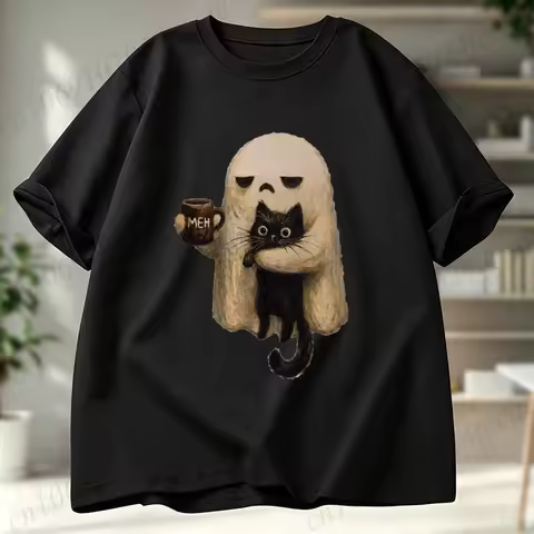 Ghost-Cat Shirt Spooky Black Cat Aesthetic Graphic Tops Women Men Short Sleeve Tees Funny Introvert 