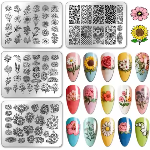 4pcs Flowers Nail Stamping Plates Rose Daisies Nails Art Templates Tulip Floral Nail Art Stencils