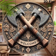 1 tấm biển chào mừng hình rìu Viking bằng kim loại tròn 8 inch x 8 inch, in 2D, trang trí tường bằng