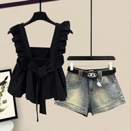 大码女装夏季套装女气质显瘦小飞袖上衣高腰牛仔裤两套Large size women's summer suit exudes a feminine aura, making her appear sl