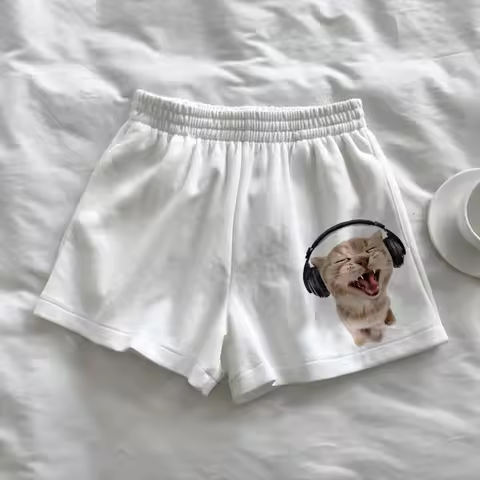 Y2k Loose Women's Shorts High Waist Star Fun Kitten Print Summer Harajuku Fashion Sports Sweatpants 
