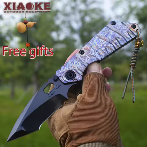 Tactical Folding Knife M390 Demon Blade TC4 Titanium Handle Flame Anodized Blue Lightning Effect EDC