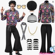 ELEGA 8Pcs 50s 60s 70s 80s Men s Disco Costume Set Disco Outfits Bells Bottom Pants Shirt Wigs Neckl