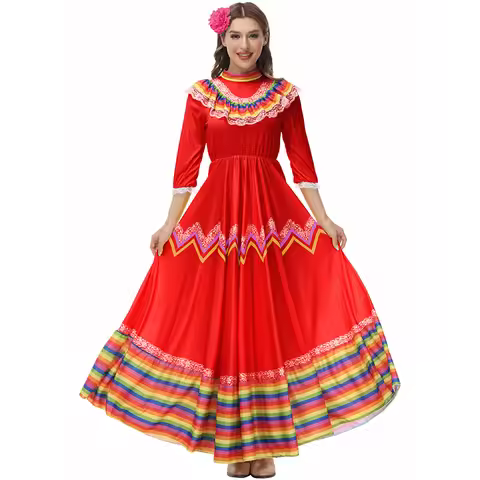 Traditional Fiesta Jalisco Swing Long Dress Women Mexico Ballet Folklorico Dance Festival Outfit Sen