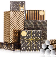 Larcenciel Gift Wrapping Paper Roll, 6 Sheets Metallic Black Gold Foil Wrapping Paper w/Ribbon Stick