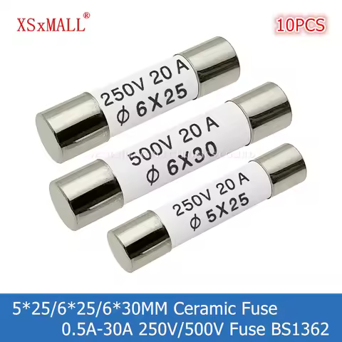 10PCS 5*25/6*25/6*30MM Ceramic Fuse 0.5A 1A 2A 3A 4A 5A 6A 8A 10A 13A 15A 16A 20A 25A 30A 250V 500V 