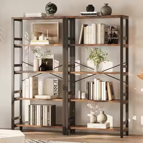 Bookshelves and Bookcases,31.5in Wide Shelf 5-Tier Ladder Shelf 110lbs/shelf Vintage Industrial Styl