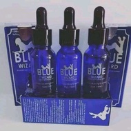 Blue Wizard dropper bottles with blue packaging and black caps.