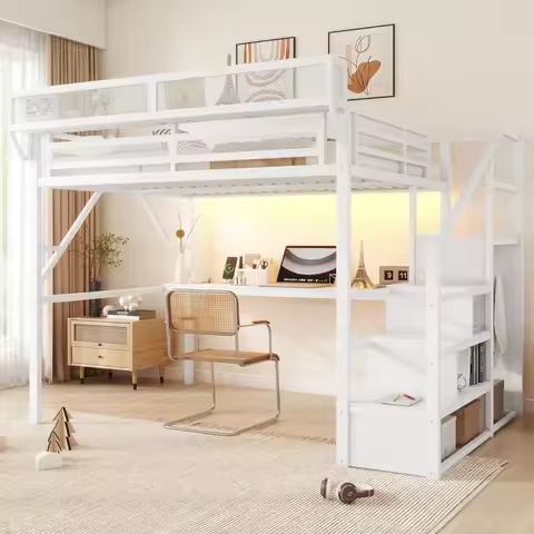 Heavy Queen Size Metal Loft Bed Frame with 5 Storage Sh Loft Bed with Desk and Stairs