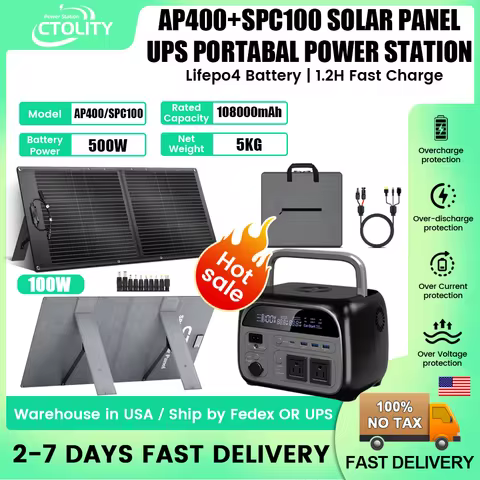 CTOLITY AP400 Power Station with SPC100 Foldable Solar Panel, Pure Sine Wave LiFePO4 Battery, UPS Ou
