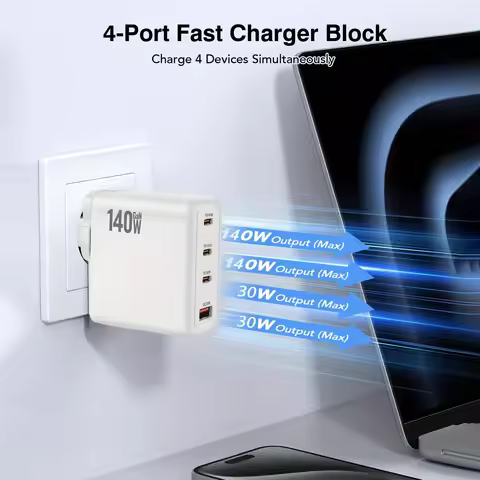 140W Fast Charger Station for Cellphones EU Standard Plug USB C Wall Charger 3C1A Power Supply, for 