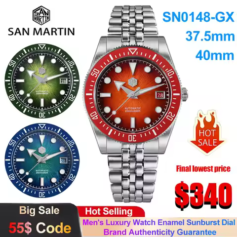 San Martin SN0148 Men's Luxury Watch Fashion Enamel Sunburst Dial Miyota 9015 Automatic Mechanical W