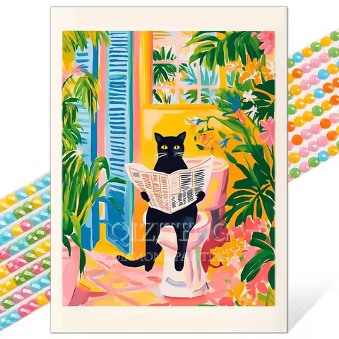Black Cat on Toilet Diamond Painting Cartoon Animal Full Square/Round Diamond Mosaic Embroidery Funn