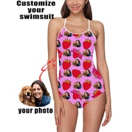1pc Custom Women One-Piece Swimsuit, Strap Hollow-Out Swimwear, Women Pink Strawberry High Waist Sle