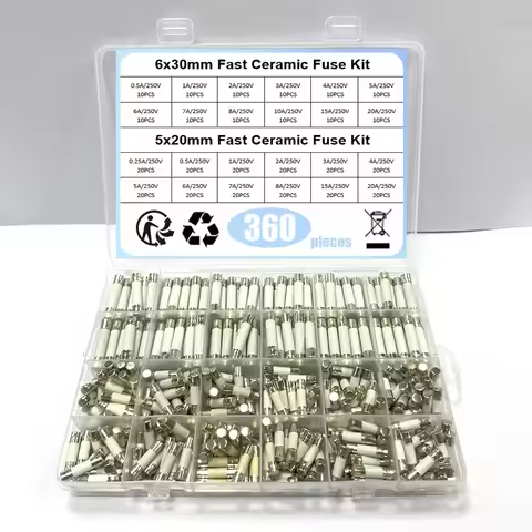 360pcs 24 types 5*20mm 6*30mm Ceramic Fuse Combination Box 250V 0.25A 0.5A 1A 2A 2.5A 3A 4A 5A 6A 8A