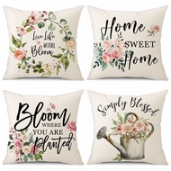 [READY STOCK][Single Side] 1 Piece Linen Pillow Case Pink Rose Flowers "Home Sweet Home" Pattern Sofa Cushion Cover 40x40/45x45/50x50/60x60/70x70cm Decoration Bedroom