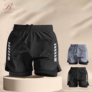 B BLUES Unisex 2-in-1 Dri-fit Running Shorts Fitness Sports Pants Swimming Stripe Training Quick Dry