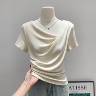 Half-Sleeved T-Shirt Women Slim-fit Slimmer Look Irregular Shoulder Temperament French Style 2025 Su