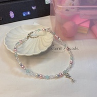 Arcane Beaded Necklace | Silver Key Aesthetic Bead Necklace | Pink Blue