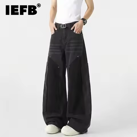 IEFB Techwear Men's Jeans Patchwork Washed Black Large Pocket Detail Wide Leg Fit Utility Streetwear