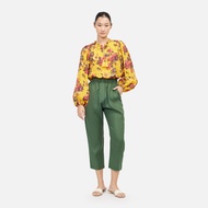 Floral  Cotton Silk Loose Ruffle Neck Blouse - Yellow