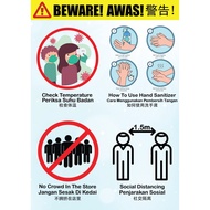 Covid-19 Sop Poster A3 size Social distance Amaran , face mask, suhu badan, sanitizer 3 Language (Tw