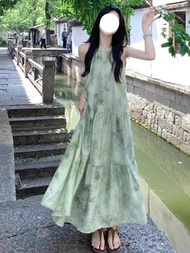 新中式國風掛脖連身裙 綠色無袖茶歇裙 夏季寬鬆長裙女裝- 綠色 S
