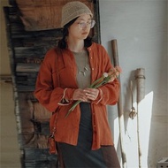 焦糖色 苧麻撞色長袖單排扣襯衫 百搭休閒翻領襯衫防曬外套