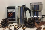 ชุด กาแฟคั่วเมล็ด คั่วเข้มขนาด 250 g.,หม้อต้มกาแฟ MOKA POT, เครื่องบดกาแฟไฟฟ้า
