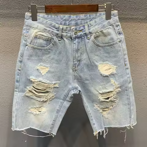 Summer Men's Ripped Denim Shorts Light Blue Knee Length Jeans Fashion Trend Raw Hem Beggar Pants Sho