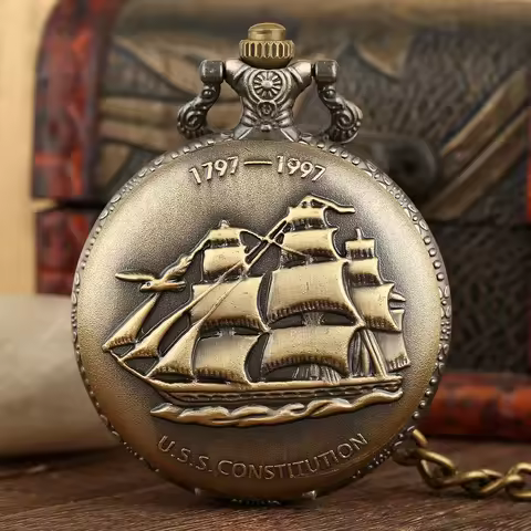 Steampunk U.S.S Constitution 1797-1997 Quartz Pocket Watch Sailing Canvas Boat Necklace Pendant Bron