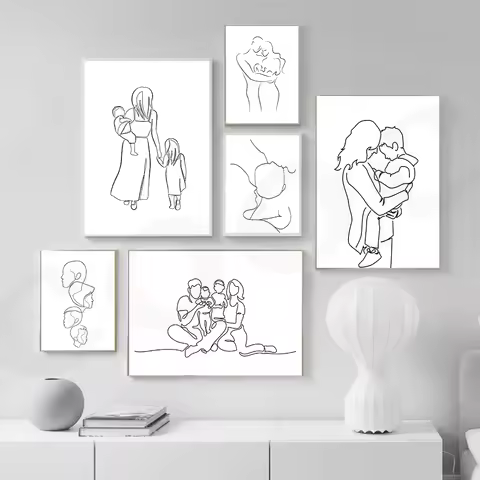 Family Together Line Draw Art Painting Modern Canvas Poster Print Minimalist Wall Art Pictures for L