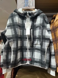 UNIQLO ห้องลองเสื้อฤดูใบไม้ร่วงและฤดูหนาวผู้หญิงลูกแกะปลอมขนแกะแจ็คเก็ตผ้าขนแกะลายสก๊อตแจ็คเก็ตมีหมว