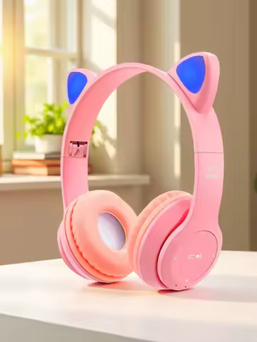 Headphones with wireless technology, Jerry chip, shining brightly, cat ears wireless headphones